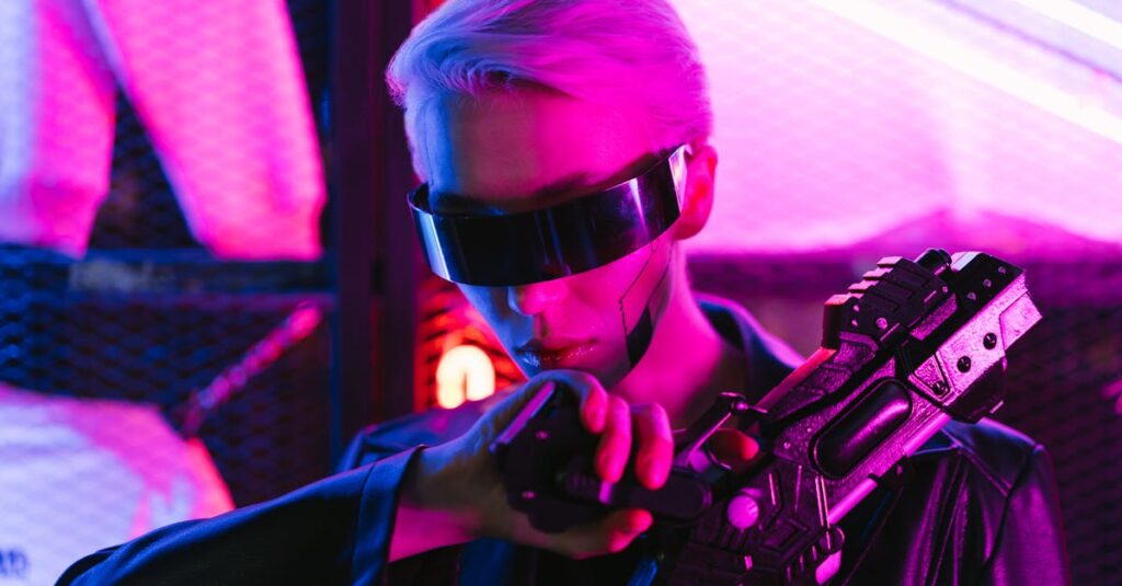 A stylish woman in cyberpunk attire poses with a futuristic gun under neon lights.